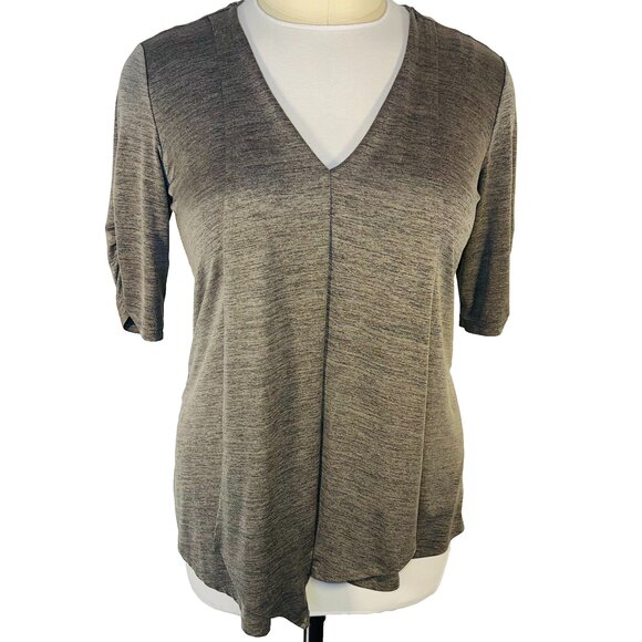 AB Studio Tunic Blouse Womens XL Olive Gray Cascade Front V-Neck Half Sleeve - Picture 2 of 14